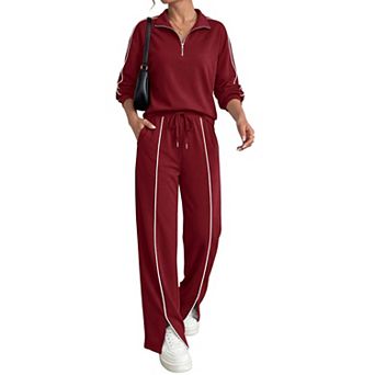 Womens 2 pc Long Sleeve Zip Up Lounge Set Wide Leg Pants Matching Tracksuit
