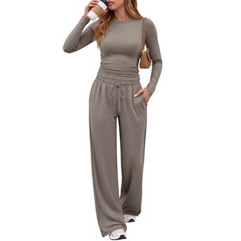 Womens 2 pc Lounge Set Long Sleeve Ruched Top Wide Leg Pants With Pockets Soft Travel Outfit