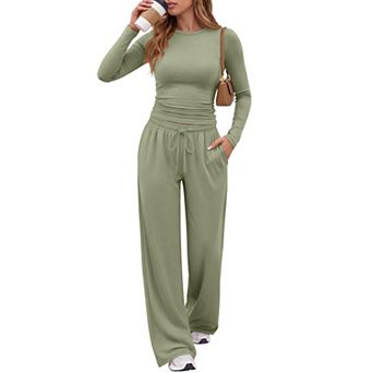 Womens 2 pc Lounge Set Long Sleeve Ruched Top Wide Leg Pants With Pockets Soft Travel Outfit