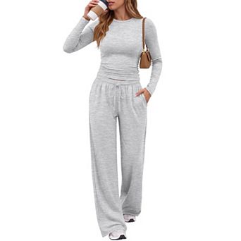 Womens 2 pc Lounge Set Long Sleeve Ruched Top Wide Leg Pants With Pockets Soft Travel Outfit