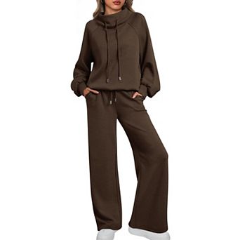 Womens 2 pc Mock Neck Lounge Set Knit Wide Leg Pants With Pockets