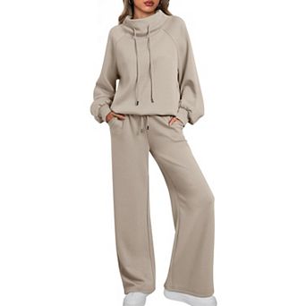 Womens 2 pc Mock Neck Lounge Set Knit Wide Leg Pants With Pockets