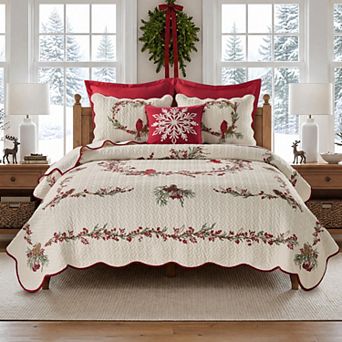 Greenland Home Fashions Holiday Splendor Berry & Cardinal Patterned Quilt Set with Shams