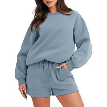 Womens 2 pc Oversized Casual Lounge Tracksuit Fall Winter Sweatshirt Shorts Set