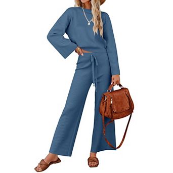Womens 2 pc Knit Lounge Set Long Sleeve Wide Leg Pants Casual Outfits