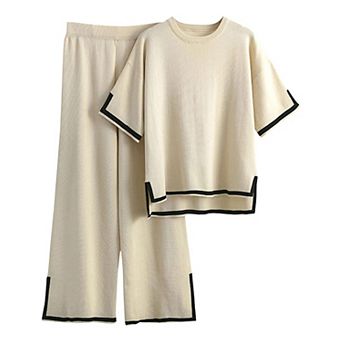Womens 2 pc Knit Lounge Short Sleeve Top Wide Leg Pants Set