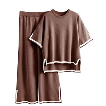 Womens 2 pc Knit Lounge Short Sleeve Top Wide Leg Pants Set