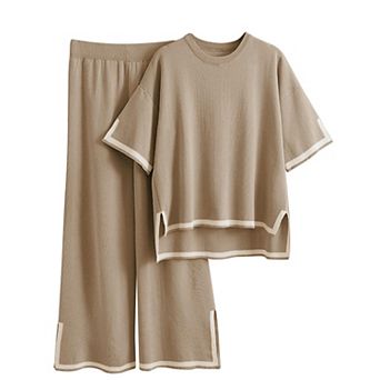 Womens 2 pc Knit Lounge Short Sleeve Top Wide Leg Pants Set