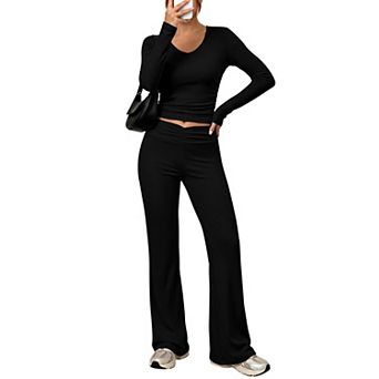 Womens 2 pc Stretch Lounge Set Flared Pants Athleisure Workout Wear