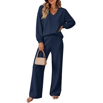 Womens 2 pc Long Sleeve Top Wide Leg Pants Lounge Travel Casual Outfits
