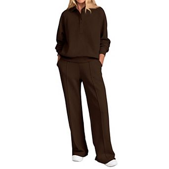Womens 2 pc Long Sleeve Quarter Button Wide Leg Lounge Tracksuit Set