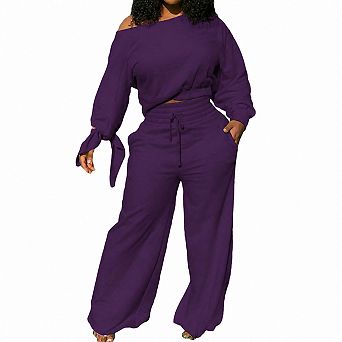 Womens 2 pc Off Shoulder Long Sleeve Lounge Set With Pockets
