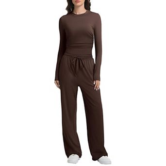 Womens 2 pc Long Sleeve Wide Leg Casual Loungewear Set