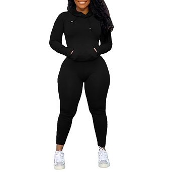 Womens 2 pc Long Sleeve Hooded Loungewear Set Soft Stretchy Casual Gym Wear