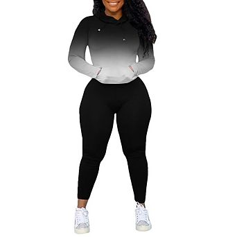 Womens 2 pc Long Sleeve Hooded Loungewear Set Soft Stretchy Casual Gym Wear