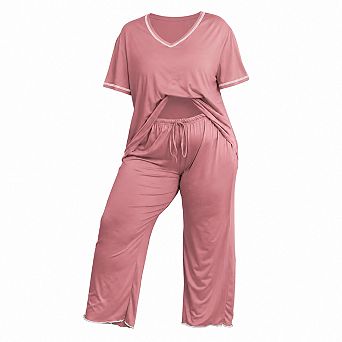 Womens 2 pc Short Sleeve Long Pants Pajama Set Soft Stretchy Loungewear Sleepwear