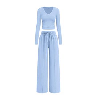 Womens 2 pc Lounge Set V Neck Long Sleeve Top Wide Leg Pants Travel Outfits