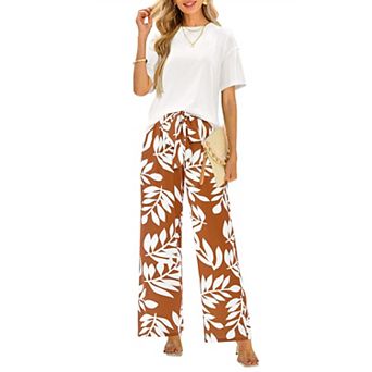 Womens 2 pc Knit Short Sleeve Tee Floral Wide Leg Pant Lounge Set