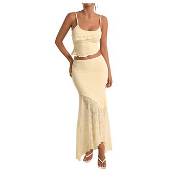 Womens 2 pc Ruffle Cami Crop Top Fishtail Maxi Skirt Set Casual Vacation Outfit
