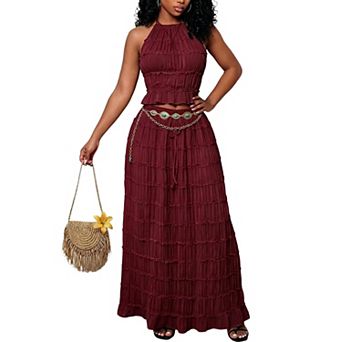 Womens 2 pc Y2K Halter Top Pleated Flowy Maxi Skirt Set