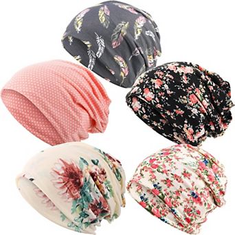 Women Slouchy Beanie Stretch Head Wraps Sleep Scarf Turban Hat 5 Pack