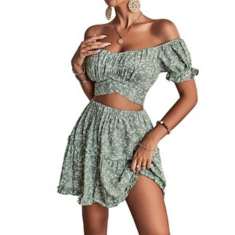 Womens 2 pc Off Shoulder Crop Top Mini Skirt Set