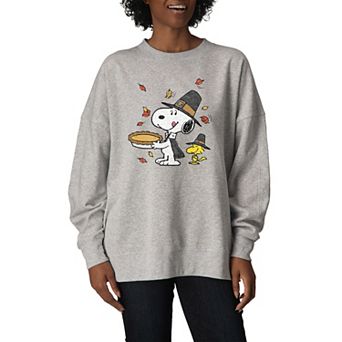Women's Peanuts Snoopy & Woodstock Thanksgiving Oversized Fleece Crew Sweatshirt
