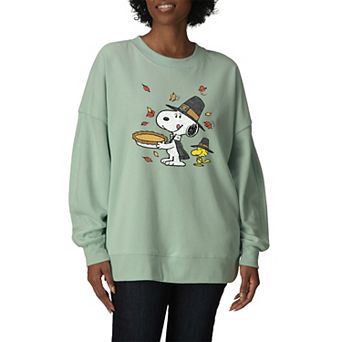 Women's Peanuts Snoopy & Woodstock Thanksgiving Oversized Fleece Crew Sweatshirt