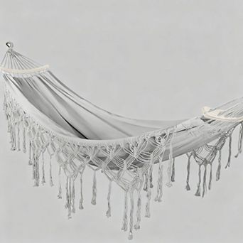 Yard Hammock With Tassels Canvas Fabric Wooden Bar 500lbs Carry Bag