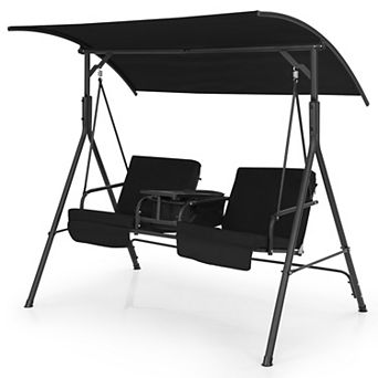 Costway 2-Person Canopy Porch Swing Padded Chair Cooler Bag Rotatable Tray