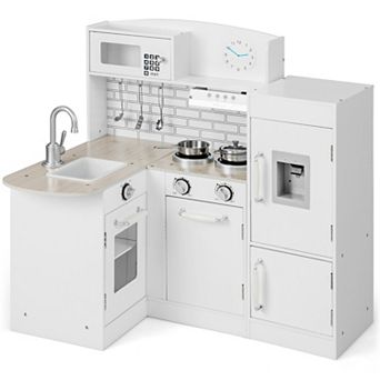 Costway Kid’s Corner Kitchen Playset Wooden Chef Play with Sink Stove Range Hood Utensils