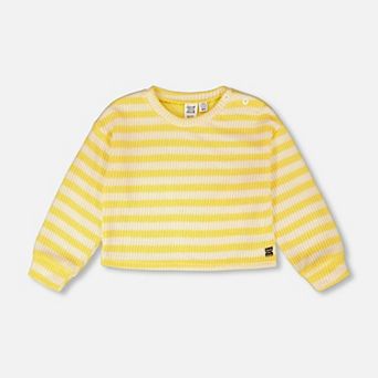 Little Kids Girl Striped Ribbed Shoulder Button Sweater