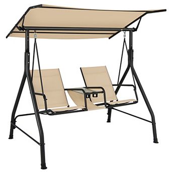 Costway 2-Seat Outdoor Patio Swing Adjustable Canopy Tempered Glass Table Top Cup Holder