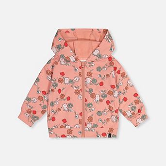 Big Kids Girl French Terry Hooded Zip Cardigan with Cat Print