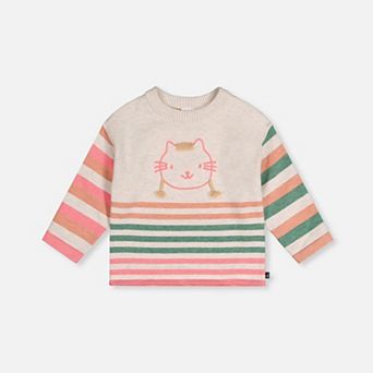 Big Kids Girl Cat Appliqué Striped Knitted Sweater