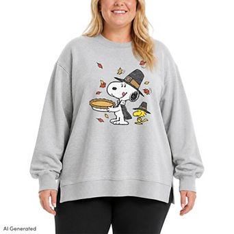Plus Size Peanuts Snoopy & Woodstock Thanksgiving Oversized Fleece Crew Sweatshirt