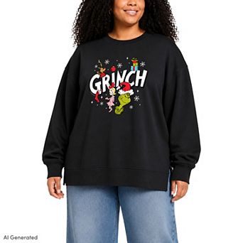 Plus Size Dr. Seuss The Grinch Oversized Fleece Crew Sweatshirt