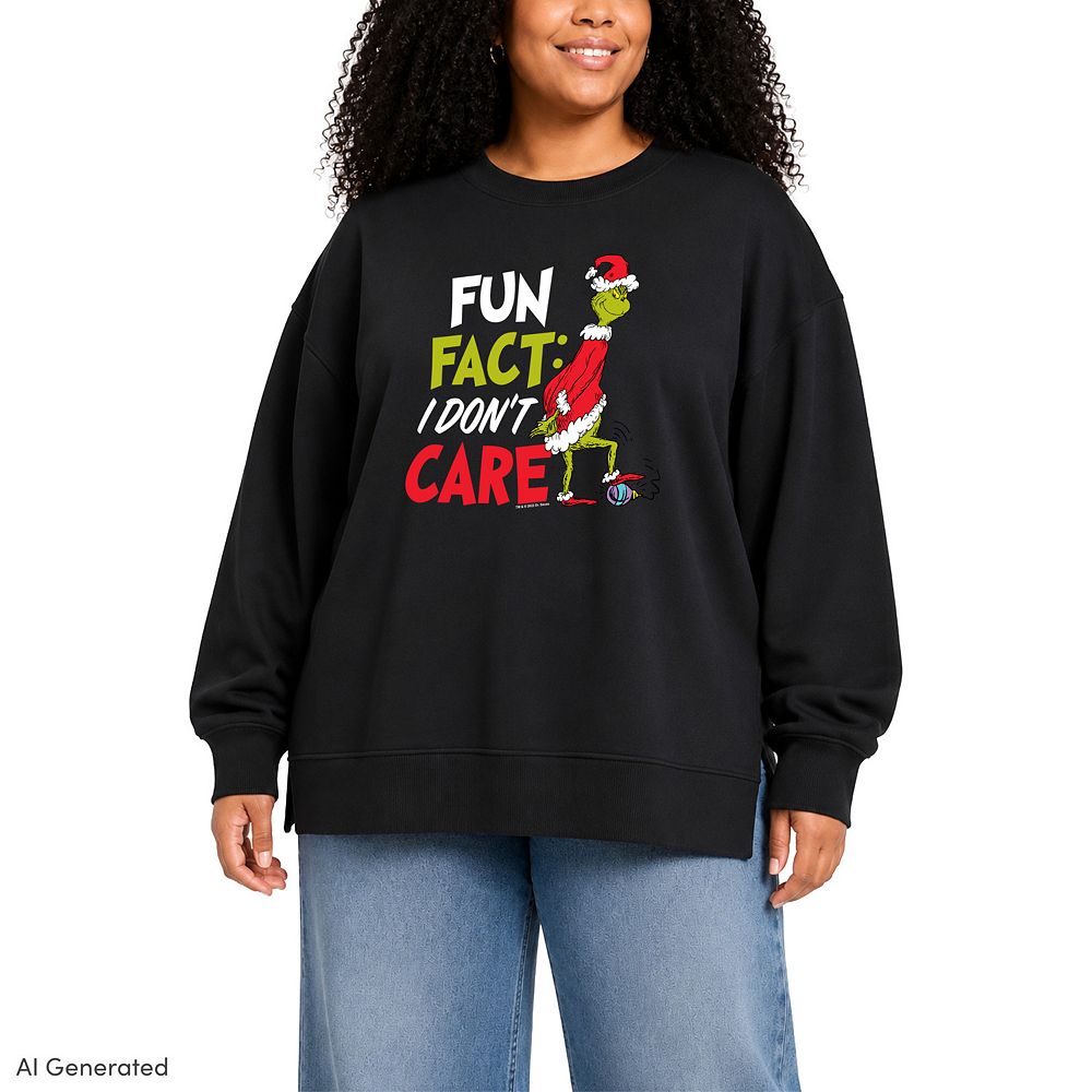 Plus Size Dr. Seuss The Grinch I Dont Care Oversized Fleece Crew Sweatshirt