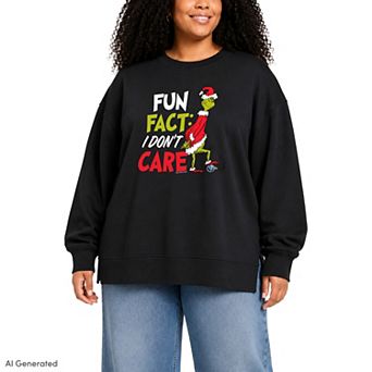 Plus Size Dr. Seuss The Grinch I Dont Care Oversized Fleece Crew Sweatshirt