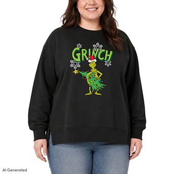 Plus Size Dr. Seuss The Grinch With Tree Oversized Fleece Crew Sweatshirt