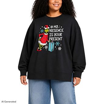 Plus Size Dr. Seuss The Grinch My Presence Is Your Present Oversized Fleece Crew Sweatshirt