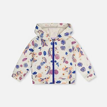 Little Kids Girl Hooded Zip-Front Unicorn Print French Terry Cardigan