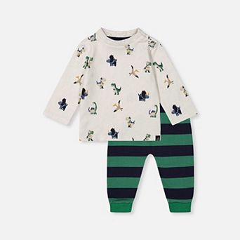 Little Kids Boy Cotton Long Sleeve Dinosaur Print T-Shirt and Striped Fleece Pants Set