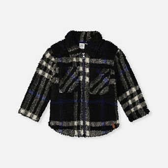Little Kids Boy Plaid Fleece Zipped Overshirt with Chest Pockets
