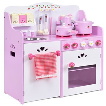 Costway Kids Wooden Play Set Kitchen Toy Strawberry Pretend Cooking Playset Toddler