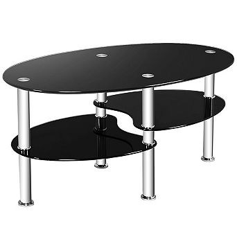 Costway Tempered Glass Oval Side Coffee Table Shelf Chrome Base Living Room