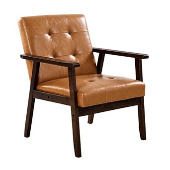 Caramel Modern Accent Chair PU Leather Armchair with Solid Wood Frame