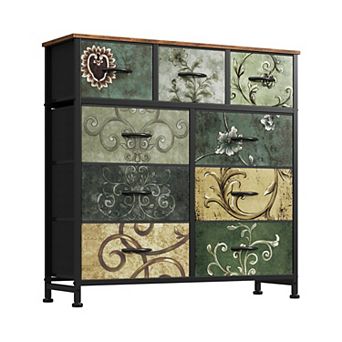 YIORTWO 9 Drawer Vintage Fabric Dresser Wooden Top Steel Frame Bedroom Storage Cabinet