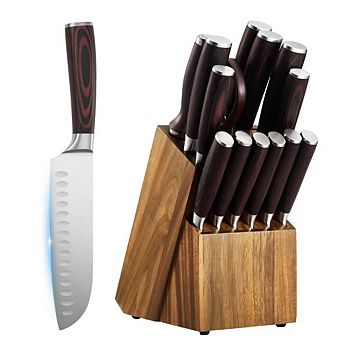 YIORTWO 15 pc Kitchen Knife Set with Block and Sharpener for Home Kitchen Use