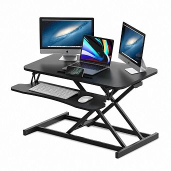 GOODSILO Height Adjustable Sit to Stand Desk Converter Dual Monitor Workstation with Keyboard Tray